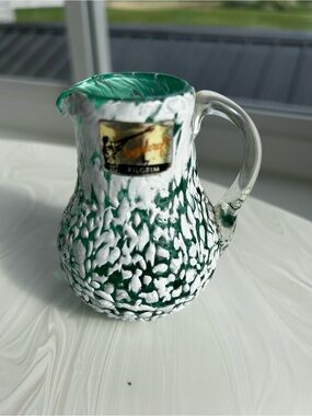 Handcrafted Hand Blown PIlgrim Glass Green White Splatter Mini-pitcher Creamer